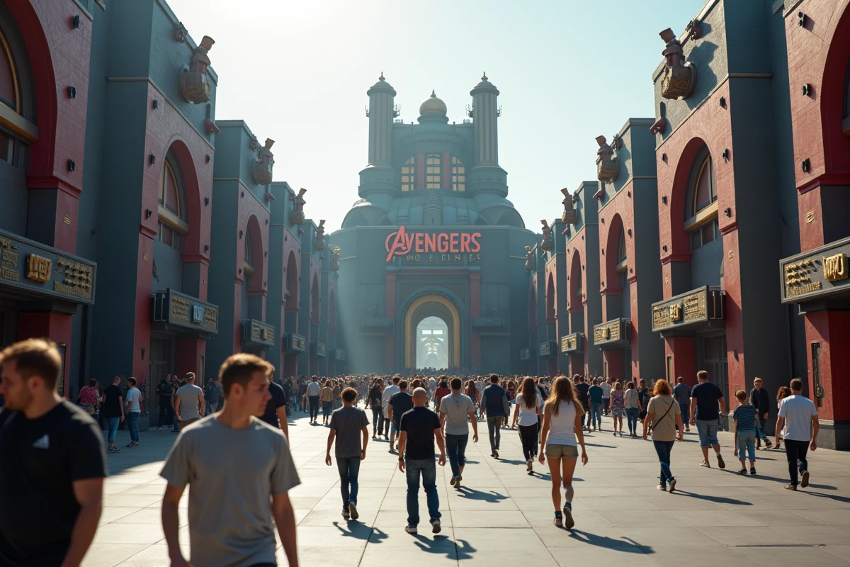 Vue panoramique de la place centrale de l'Avengers Campus avec les visiteurs et les personnages Marvel au Parc Walt Disney Studios