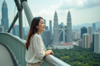Jeune femme sur le Skybridge des Petronas à Kuala Lumpur