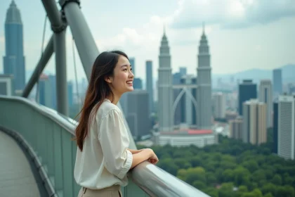 Jeune femme sur le Skybridge des Petronas à Kuala Lumpur